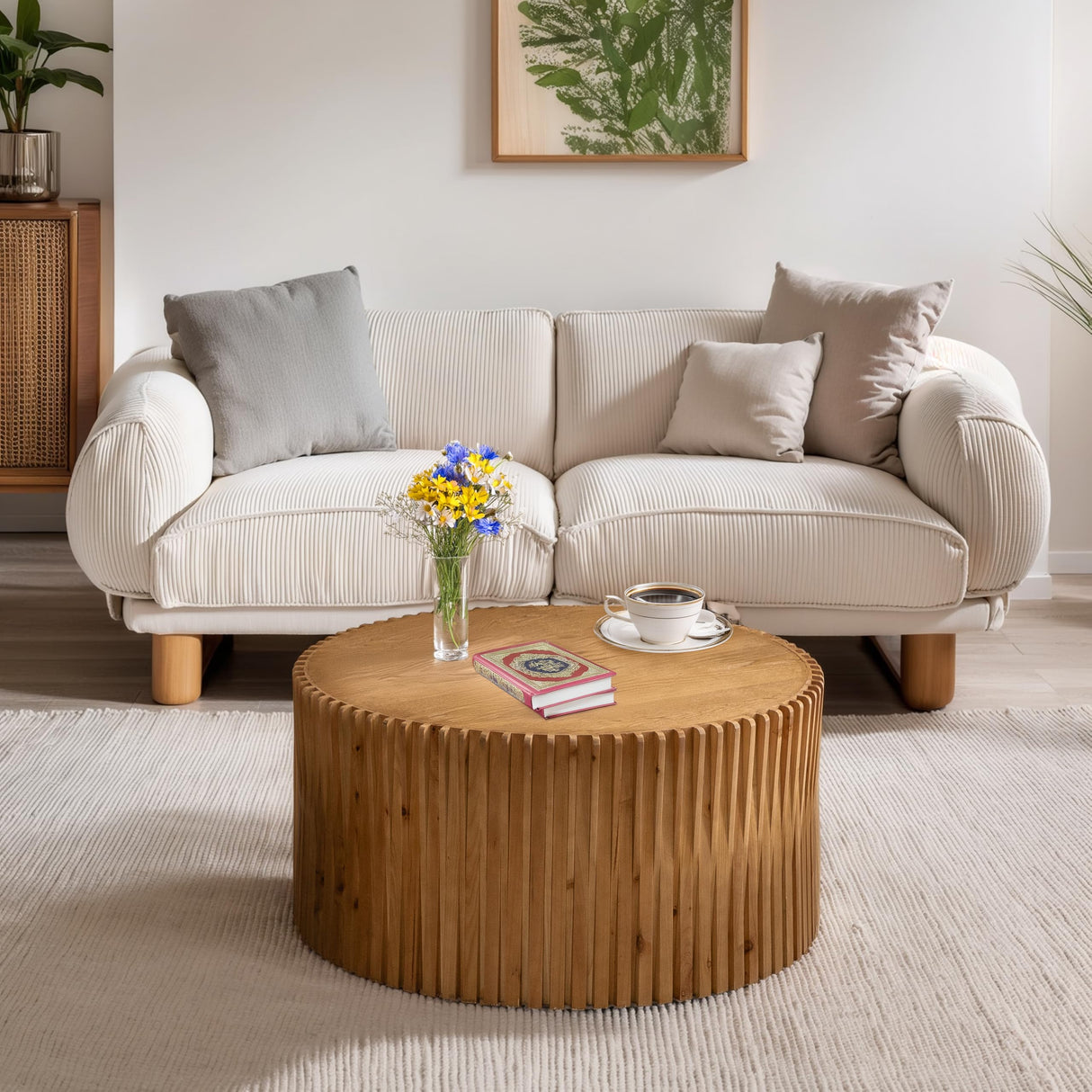 KIGFTSOD Vintage Modern Nesting Coffee Table Set of 2, Round Wooden Table Accent End Table Cylindrical Set with Vertical Textured Embossed Design for Living Room, Apartment (Natural) KIGFTSOD