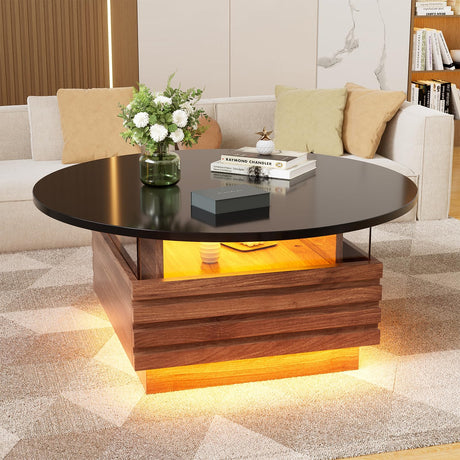 PAKASEPT 31.5" Black Round Coffee Table with LED Light, Modern LED Coffee Tables with 2 Sliding Drawers, Wood Center Table for Reception Home Dining Room PAKASEPT