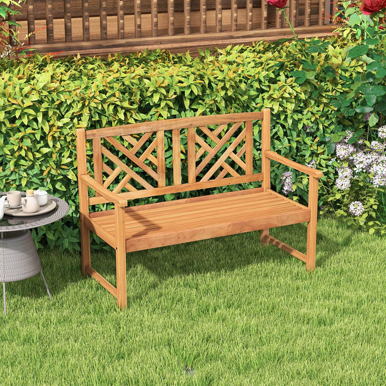 Tangkula 2-Person Acacia Wood Patio Bench - Thumbnail 4