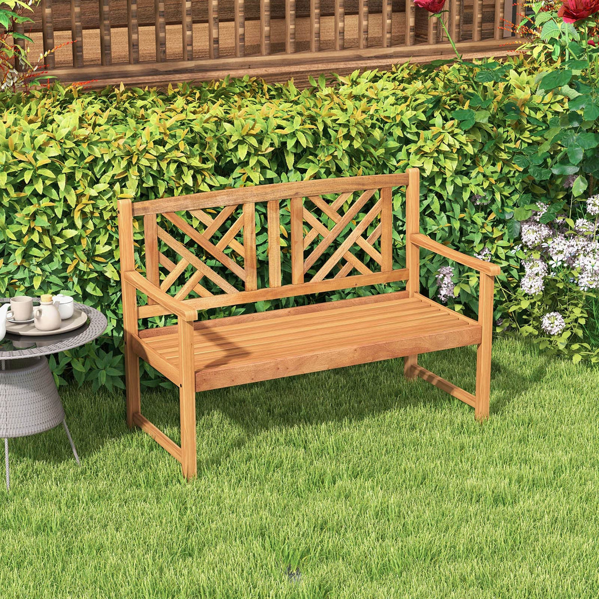 Tangkula 2-Person Acacia Wood Patio Bench with Curved Armrests and Slatted Seat Tangkula