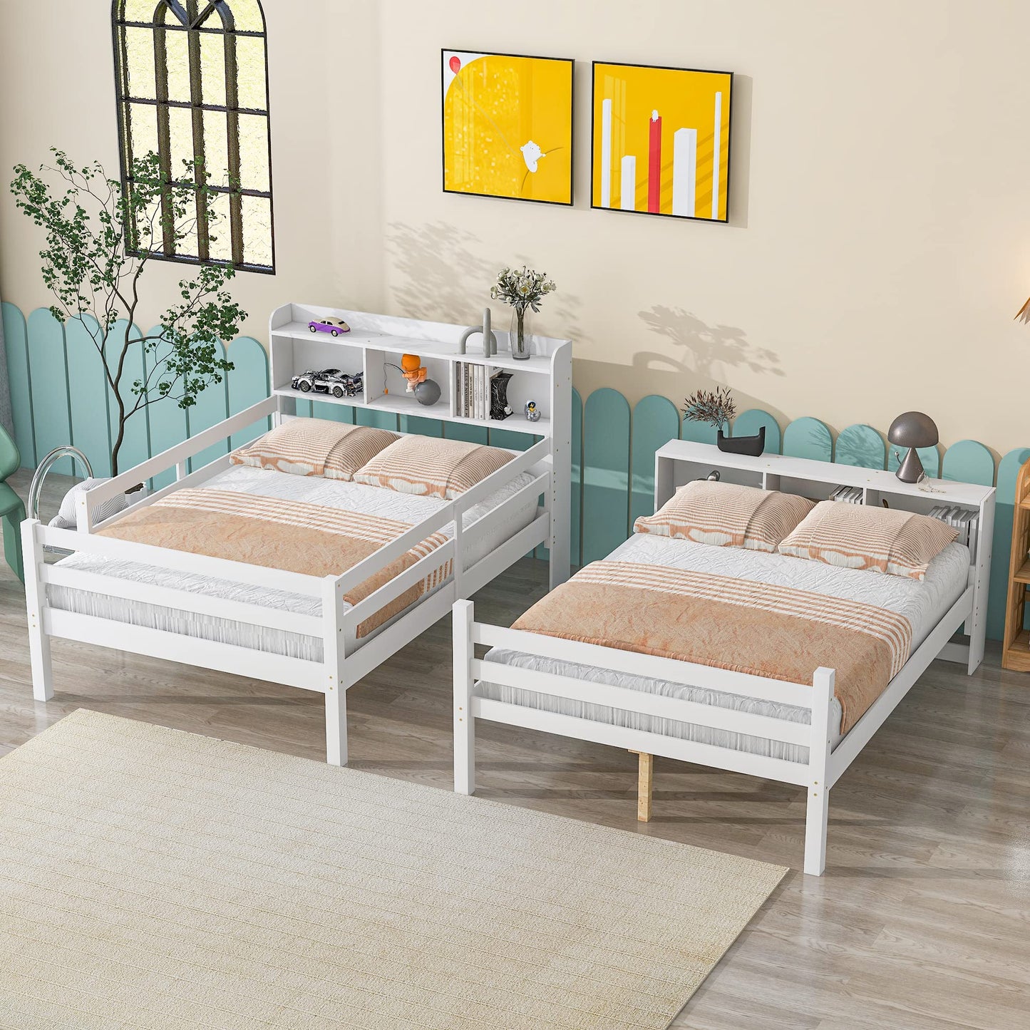 Harper & Bright Designs Full Over Full Bunk Bed with Bookcase Headboard and Storage in White - WoodArtSupply