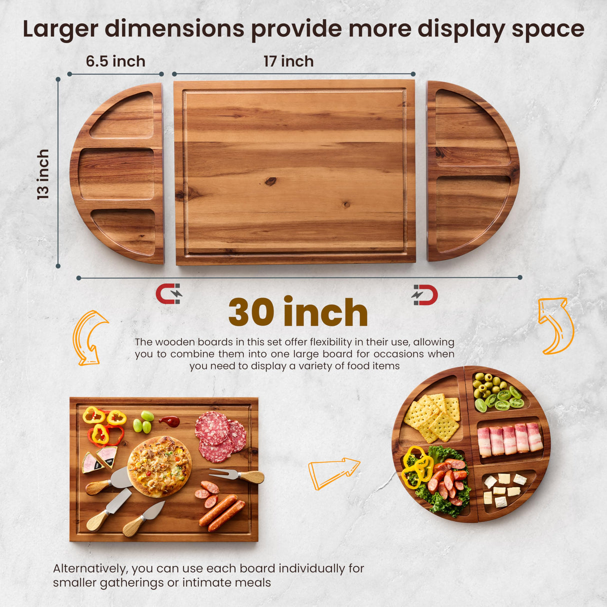 TIDITA Acacia Large Charcuterie Board & 4 Knives Set - 3 Part Long & Round Magnetic Cheese Boards Wooden - Extra Large Charcuterie Board Serving Platter - Acacia Wood Serving Board (30 x 13 Inch) Tidita