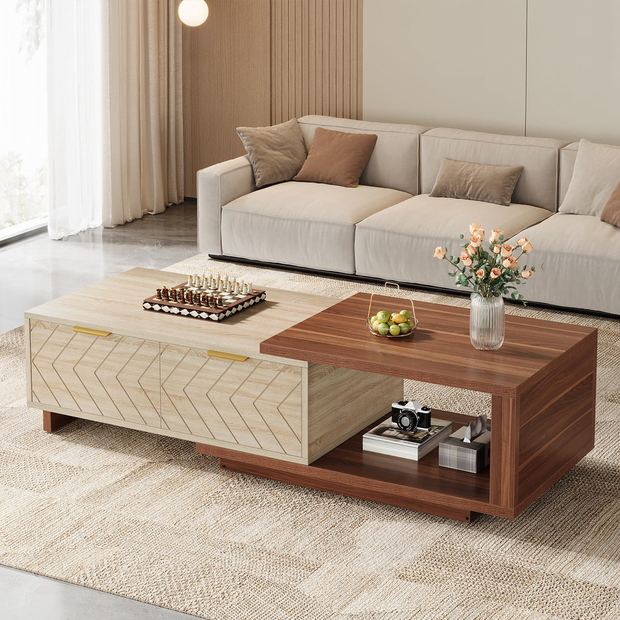 Tribesigns Adjustable Extendable Coffee Table with 2 Drawers, 42"-65" Length Reversible Center Table Storage for Living Room with for Living Room (Walnut & Oak) Tribesigns
