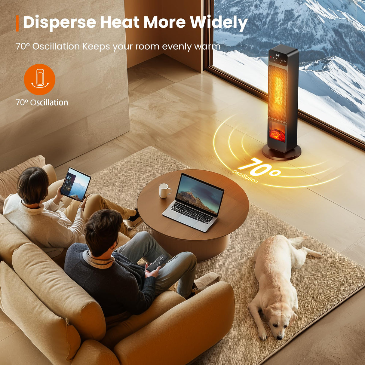 Space Heater, 1500W Electric Fireplace Heaters Indoor Portable with Child Lock & ECO Mode, PTC Ceramic, 3D Flame, 12H Timer, Remote Control, 70° Oscillation, Heating & Fan Modes for Home & Office Riseon