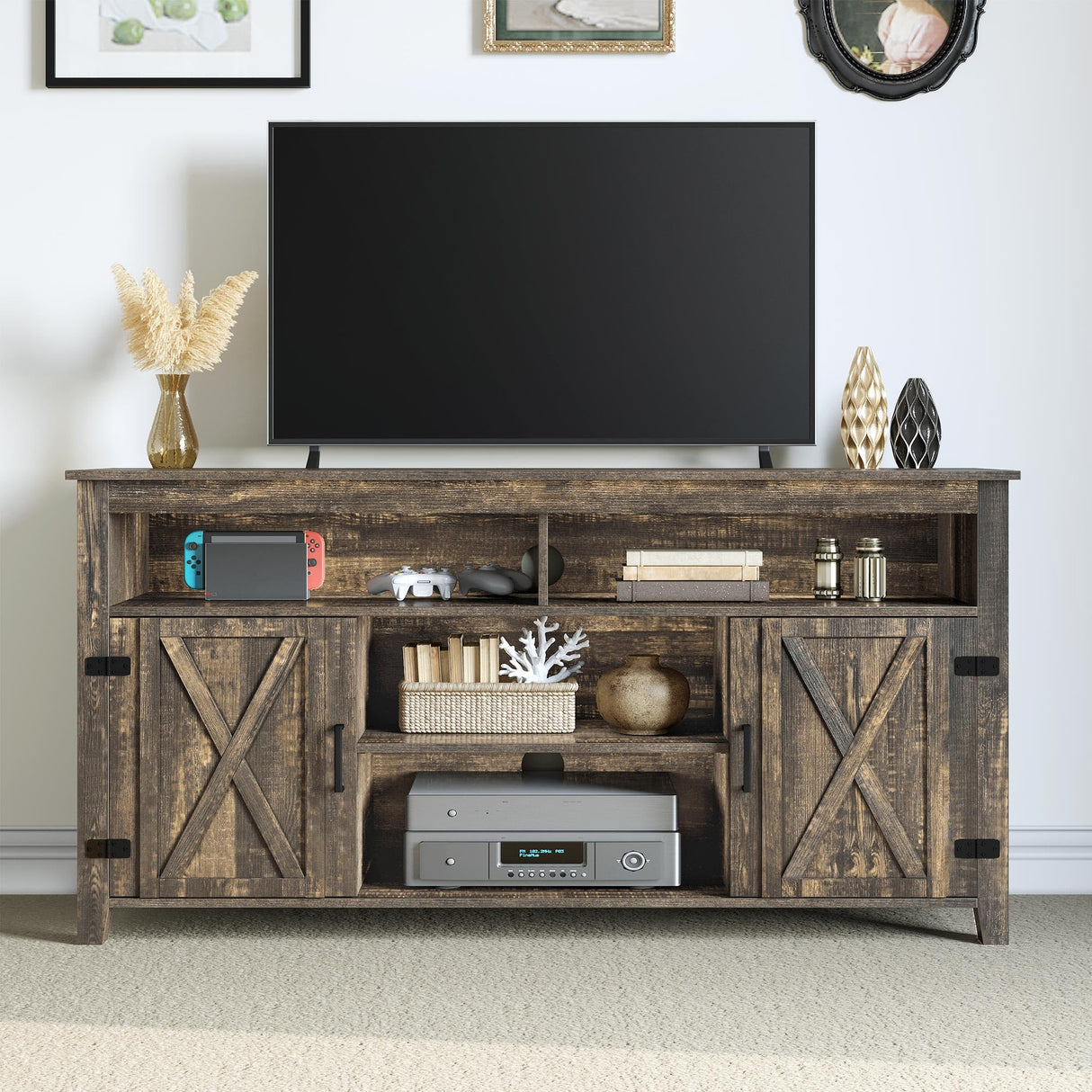 DWVO TV Stands for Living Room, Farmhouse Entertainment Center for 65 Inch TV, Rustic TV Console with Storage and Barn Door, Console Table Media Television Stands, 59 Inches, Light Rustic Oak DWVO