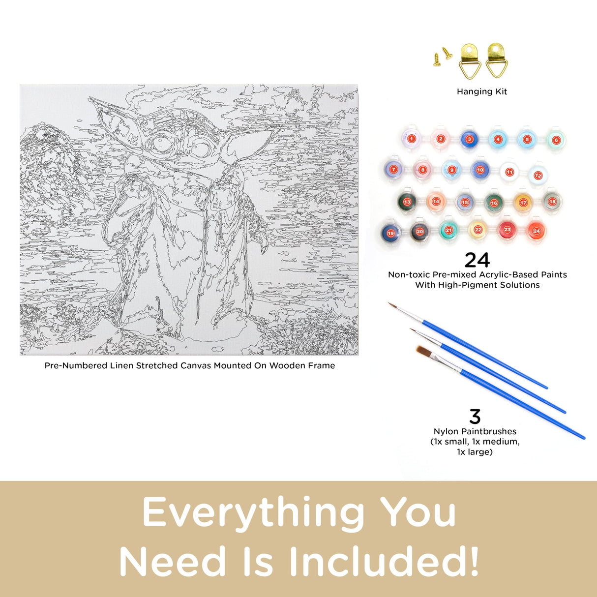 AQUARIUS Star Wars Mandalorian Grogu Art by Numbers Painting Kit (Stretched Canvas) 24 Paints, 3 Paint Brushes, Ready to Hang, Officially Licensed Star Wars Mandaalorian Collectible - 16"x20", Brown AQUARIUS