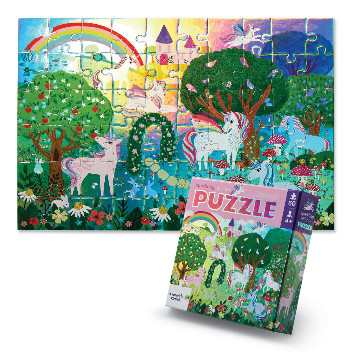 Crocodile Creek 60-Piece Holographic Foil Floor Puzzle for Kids Ages 4-8 and Up - Heavy-Duty Box for Storage - Sparkling Unicorn - 14” x 19” Finished Crocodile Creek