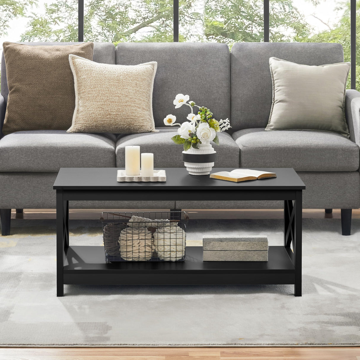 Yaheetech Wood 2-Tier Black Coffee Table with Storage Shelf for Living Room, X Design Accent Cocktail Table, Easy Assembly Home Furniture, 39.5 x 21.5 x 18 Inches Yaheetech