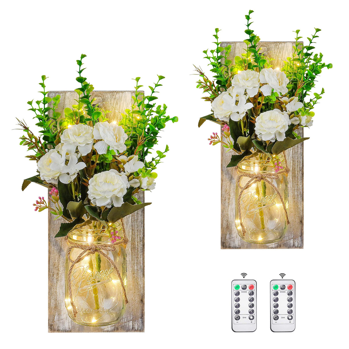 OCTMUSTARD Rustic Wall Decor Mason Jar Sconces Decor with Remote Control Led Lights for Home Farmhouse Bathroom and Living Room Decorative.Shabby Chic Art Design Decorations (Grey Board with Peony) OCTMUSTARD