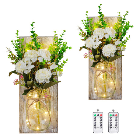 OCTMUSTARD Rustic Wall Decor Mason Jar Sconces Decor with Remote Control Led Lights for Home Farmhouse Bathroom and Living Room Decorative.Shabby Chic Art Design Decorations (Grey Board with Peony) OCTMUSTARD