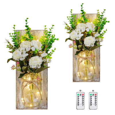 OCTMUSTARD Rustic Wall Decor Mason Jar Sconces Decor with Remote Control Led Lights for Home Farmhouse Bathroom and Living Room Decorative.Shabby Chic Art Design Decorations (Grey Board with Peony)