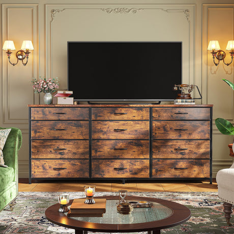 Romorgniz 55" Dresser for Bedroom with 12 Fabric Drawers, Entertainment Center for 60 inch TV Dressers & Chests of Drawers Large Organizer, Living Room, Metal Frame, Wood Top, Rustic Brown Romorgniz
