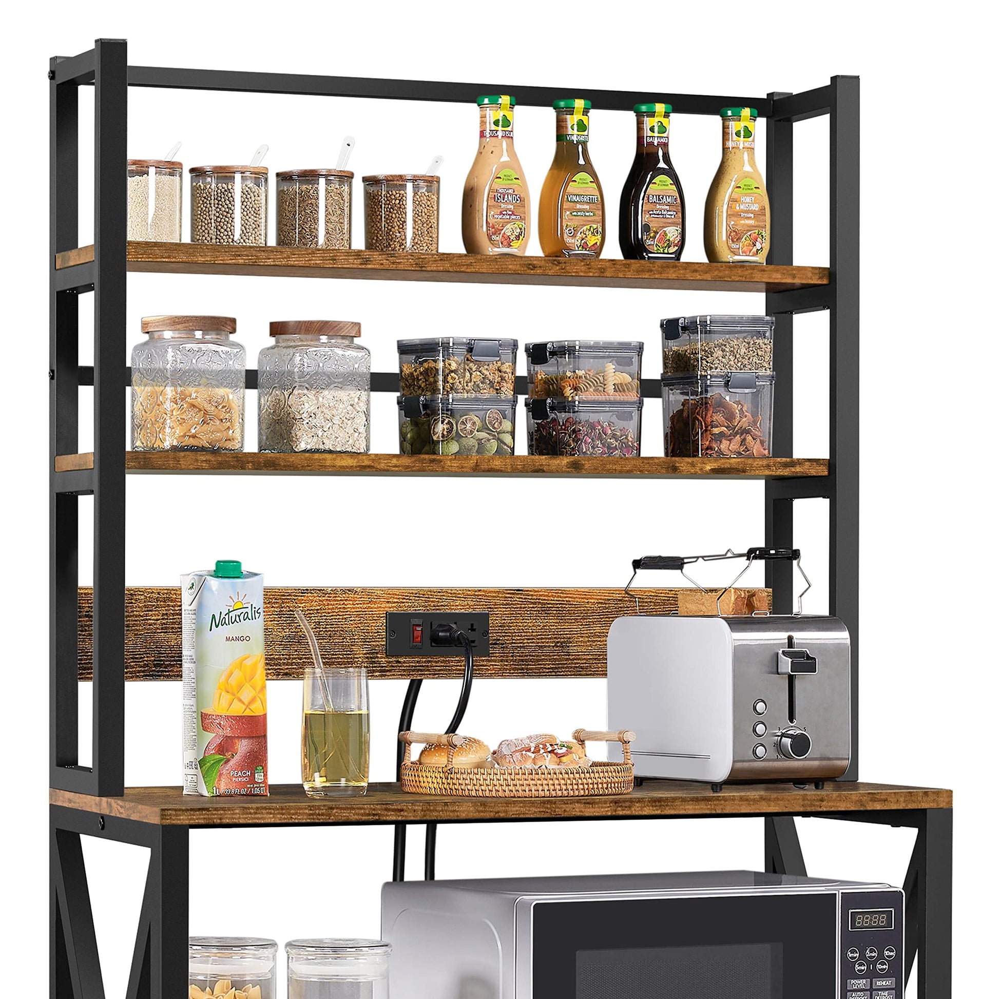 Yaheetech Rustic Brown Kitchen Bakers Rack with Power Outlet and 5-Tier Utility Storage Shelf - WoodArtSupply