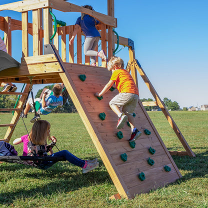 Backyard Discovery Endeavor All Cedar Wood Swing Set Playset with Gray Wave Slide for Backyard with Large Clubhouse Rope Ladder Rock Climbing Wall Wave Slide 2 Belt Swings and 1 Web Swing Gift