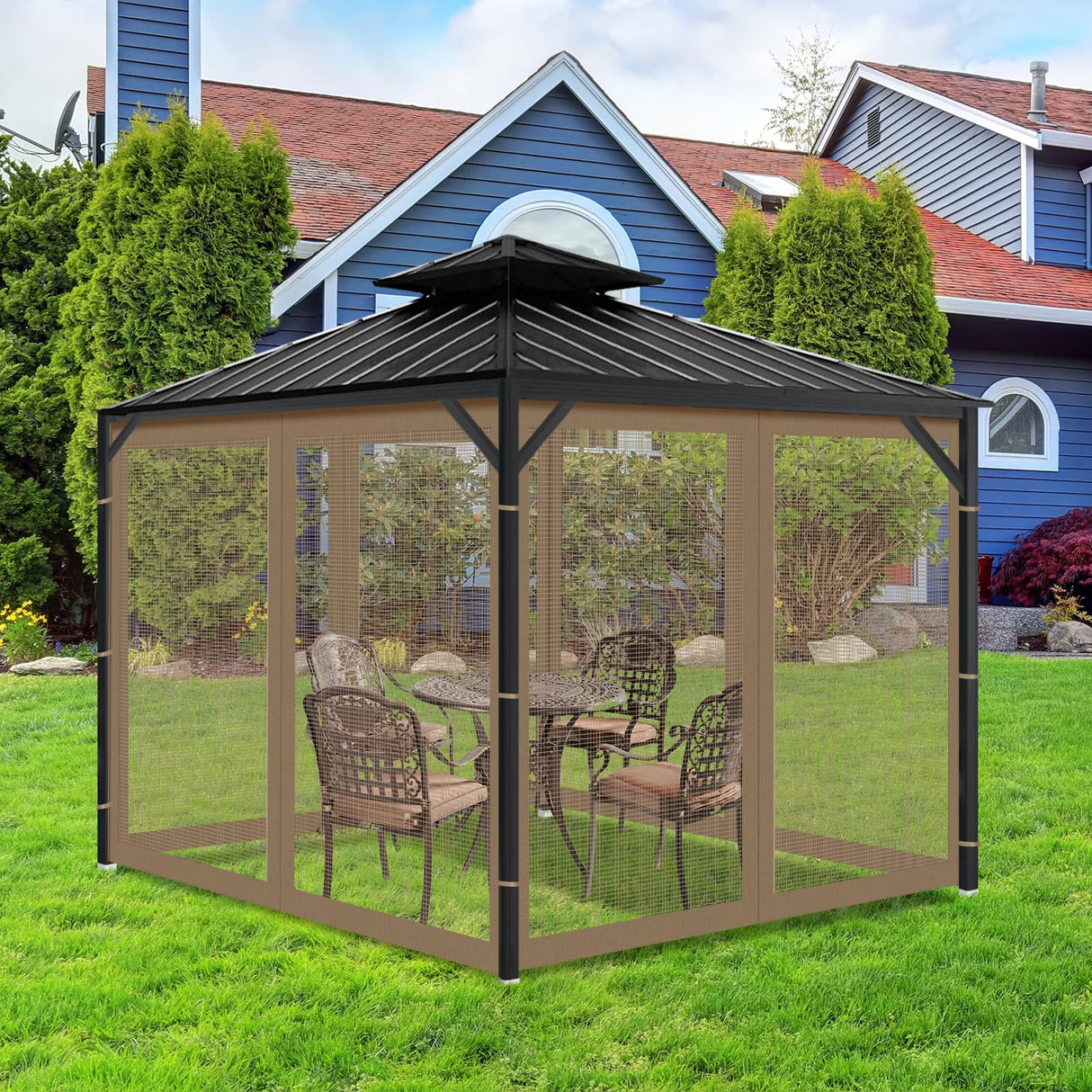 OIPUNSHLE Gazebo Universal Replacement Mosquito Netting, 10'x12' Gazebo Netting Outdoor, 4-Panel Screen Walls for Outdoor Patio with Zipper (Mosquito Net Only) (Brown) OIPUNSHLE