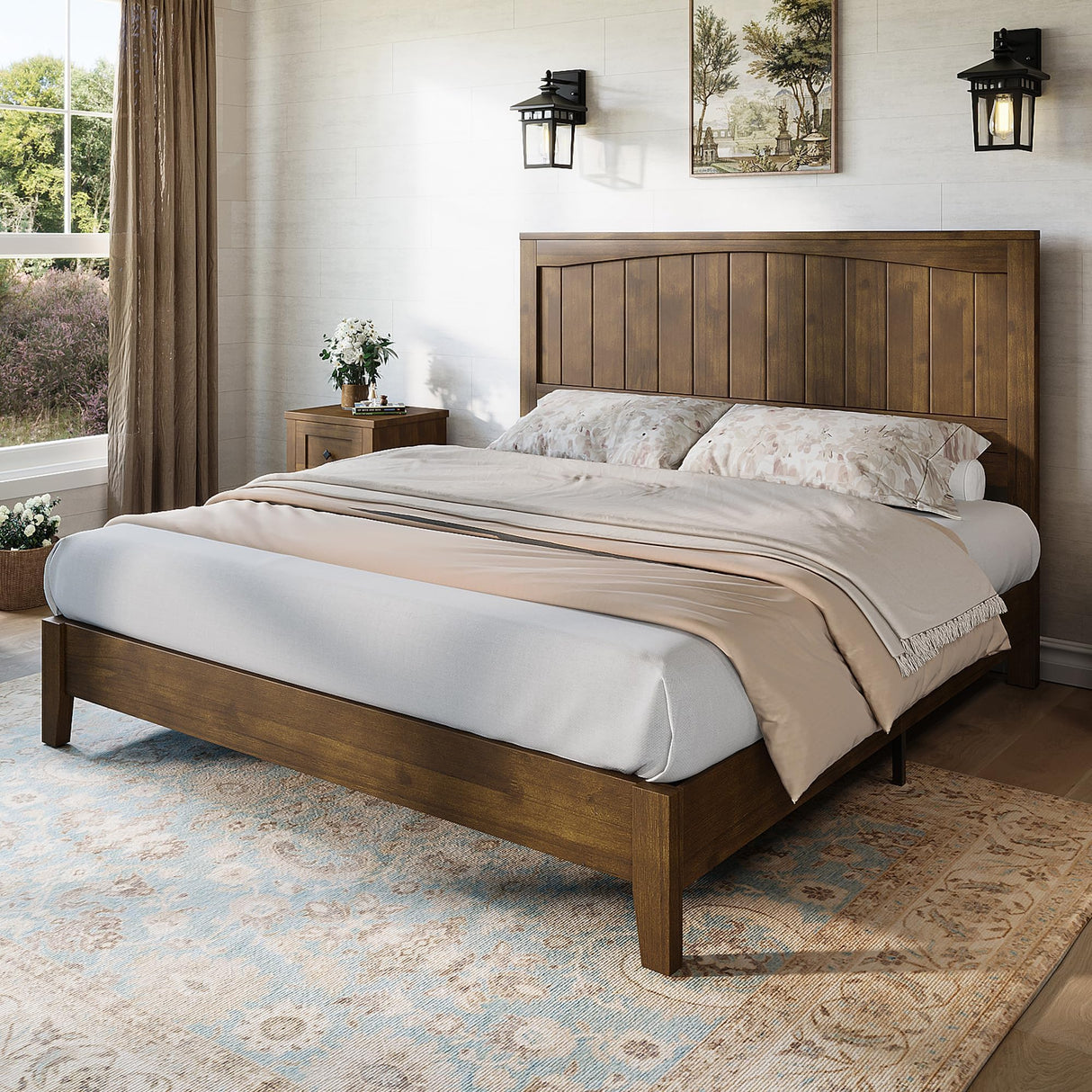 AMERLIFE Solid Wood Bed Frame with 48" Headboard, Mid-Century Modern Platform Bed with Durable Wooden Slats, No Box Spring Needed, Easy Assembly, Quiet, Full Size, Chestnut Finish AMERLIFE