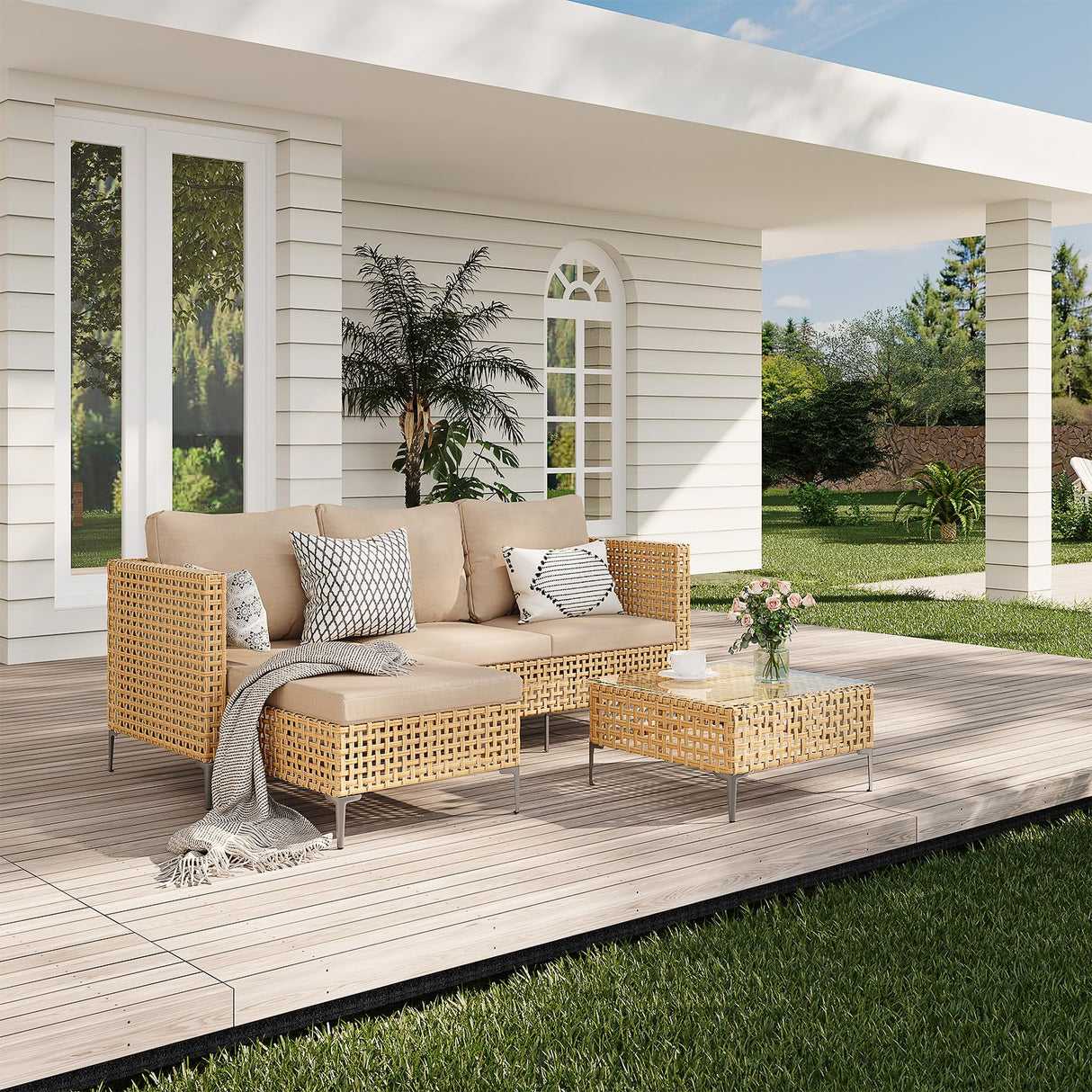 Ophelian 3 Piece Outdoor Furniture Set, Apartment Patio Sectional Furniture, Patio Chaise Sofa Sets with All Weather Manual Rattan, Perfect for Balcony, Porch, Lawn, Backyard (Yellow/Beige) Ophelian