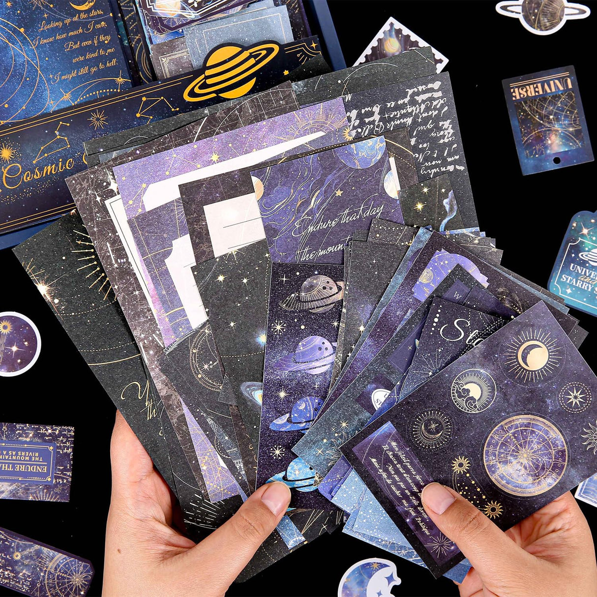 VYRANA 200Pcs Galaxy Bundle Junk Journal Kit Vintage Scrapbook Stickers Journaling Scrapbooking Supplies Aesthetic Stickers Moon Star Scrappy Paper and Sticker Pack VYRANA