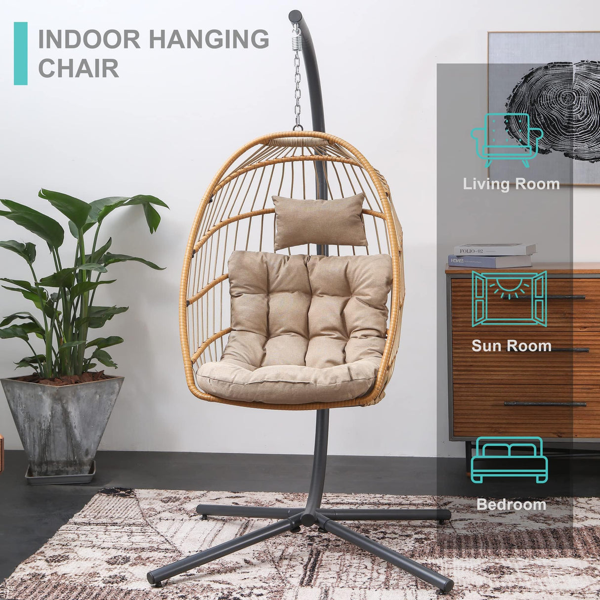 SWITTE Egg Chair Outdoor Indoor with Stand, Hanging Egg Swing Chair with Stand, Wicker Egg Chair with Cushion 350lbs Capacity for Patio(Cream) SWITTE