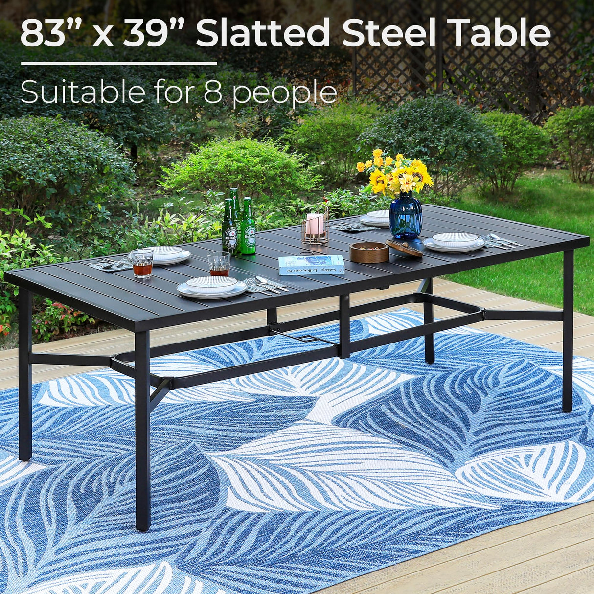 PHI VILLA 9 Pieces Outdoor Dining Set for 8, Large Rectangle Wrought Iron Table with Umbrella Hole & Cushioned Wicker Chairs, Dining Furniture for Patio, Deck, Yard, Porch PHI VILLA