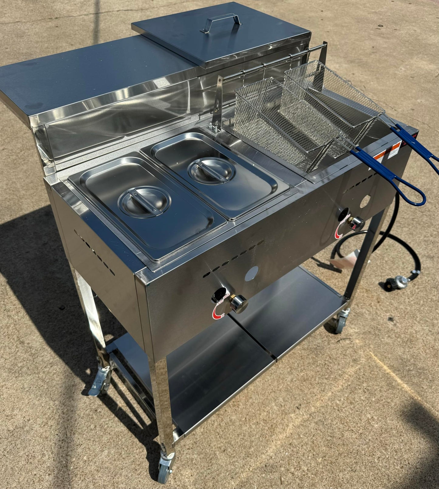 Gas Shark Deep Fryer Cart with 30 lb 3.5 Gallon Single Tank | 2 Fryer Baskets | 2 Container Pan Steam Table | Serving Shelf | Outdoor Propane | Stainless Steel | Portable for Commercial & Home Use