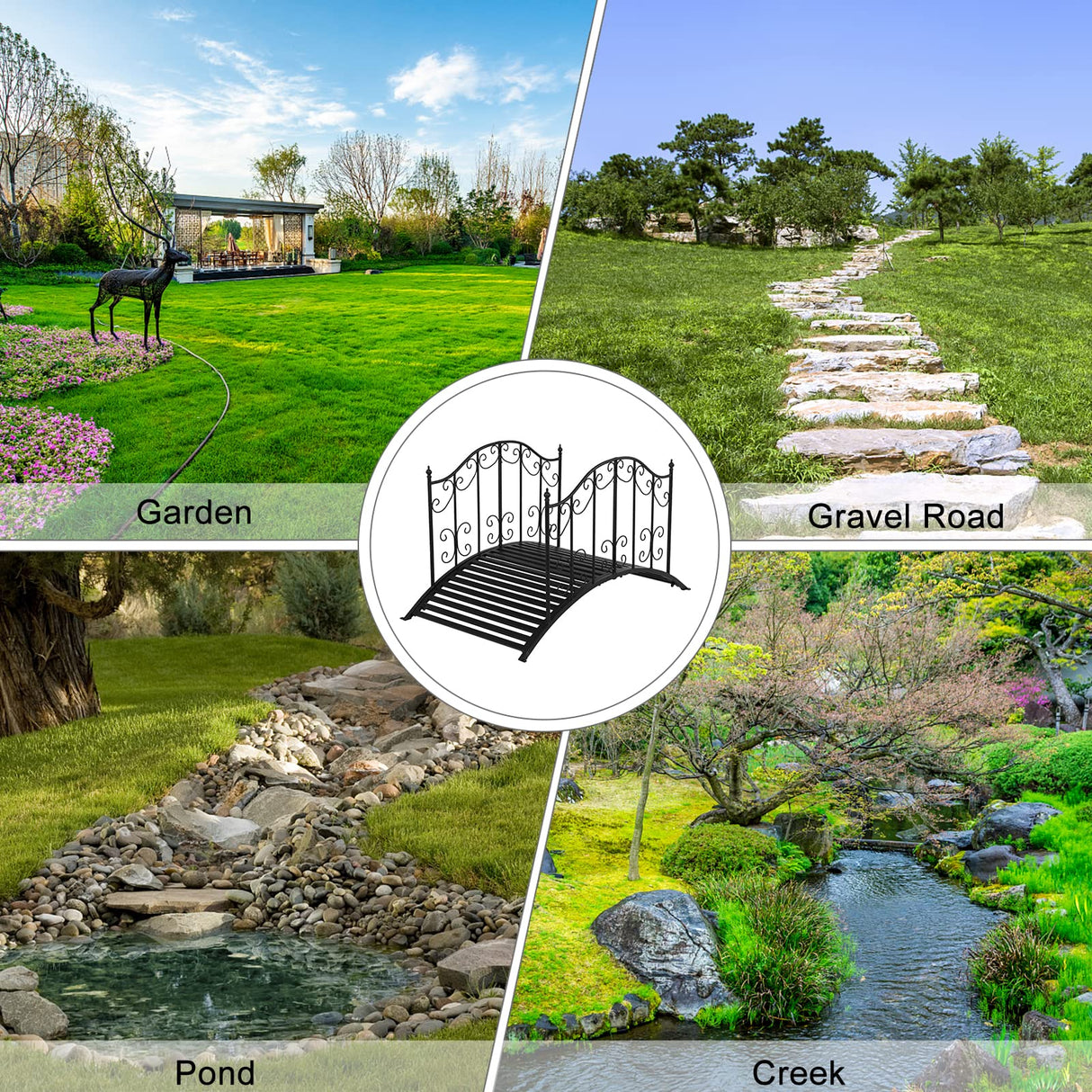 VINGLI Garden Bridge Metal Yard Arch Path Bridge with Patterned Guardrails, Ourdoor Decorative Black Iron Foot Bridge for Pond and Backyard Landscaping-4FT VINGLI