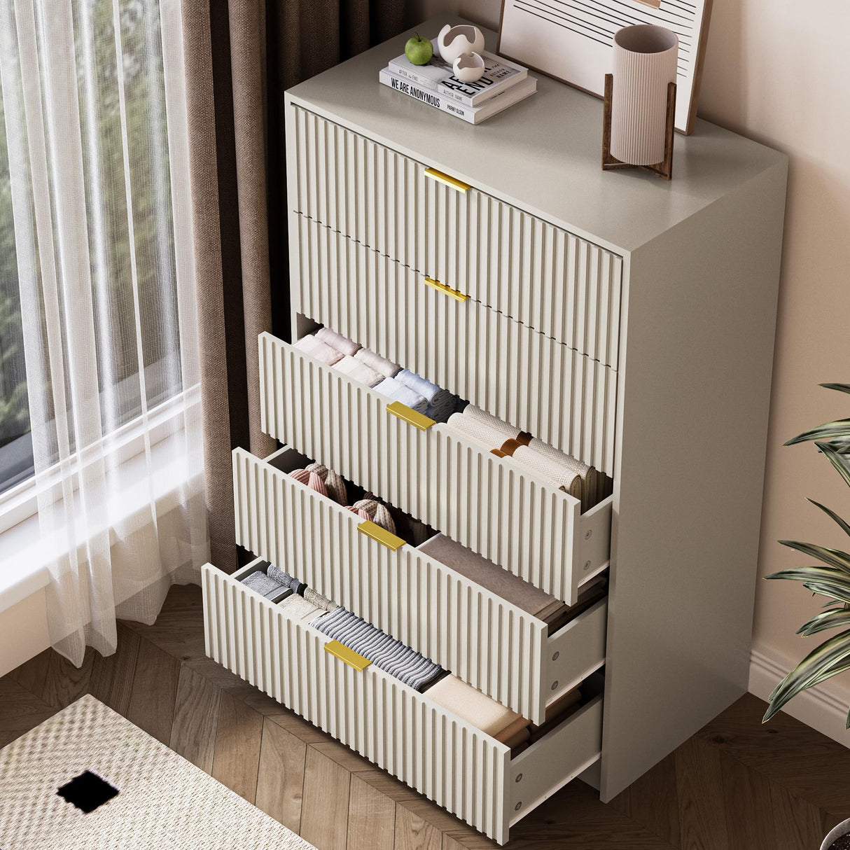 MAISONARIA 5 Drawer Dresser for Bedroom, Tall Dresser Chest of Drawers with Gold Handles, 32 Inch Wide Nightstand with for Bedroom, Living Rooms, Offices, and Entryways, Beige MAISONARIA