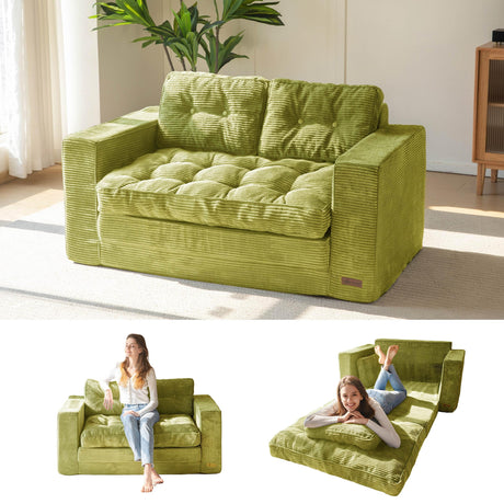 MAXYOYO Convertible Sofa Bed, Pull Out Loveseat Sleeper Sofa, 2 in 1 Folding Couch Bed, Fold Out Floor Couch with Pillows for Living Room Bedroom Lounge, Green MAXYOYO