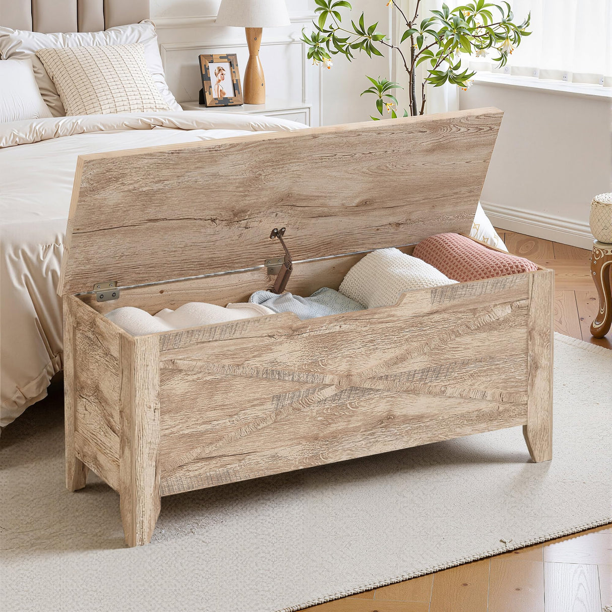 VECELO 43.3" Storage Bench, Entryway Shoe Ottoman, Farmhouse Style Bench with Handwoven Cushion and Metal Safety Hinges for Bedroom, Living Room, Entryway, Wood VECELO