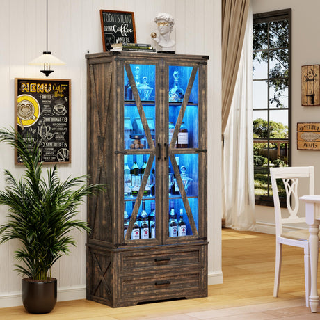FREDEES Rustic Brown Farmhouse Storage Cabinet with Adjustable Shelves and LED Display FREDEES