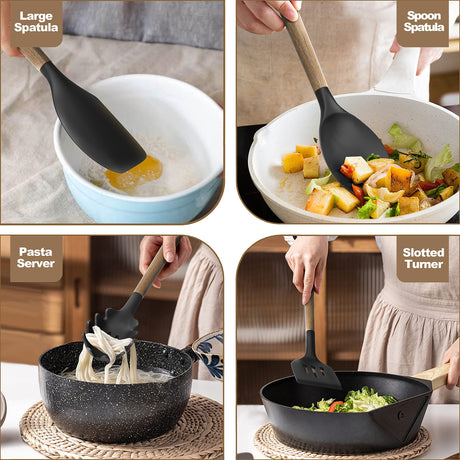 Silicone Kitchen Cooking Utensil Set, 9Pcs Kitchen Utensils Spatula Set with Wooden Handle for Nonstick Cookware, 446°F Heat Resistant Silicone Kitchen Gadgets Utensil Set with Large Holder（Black） CACOLES