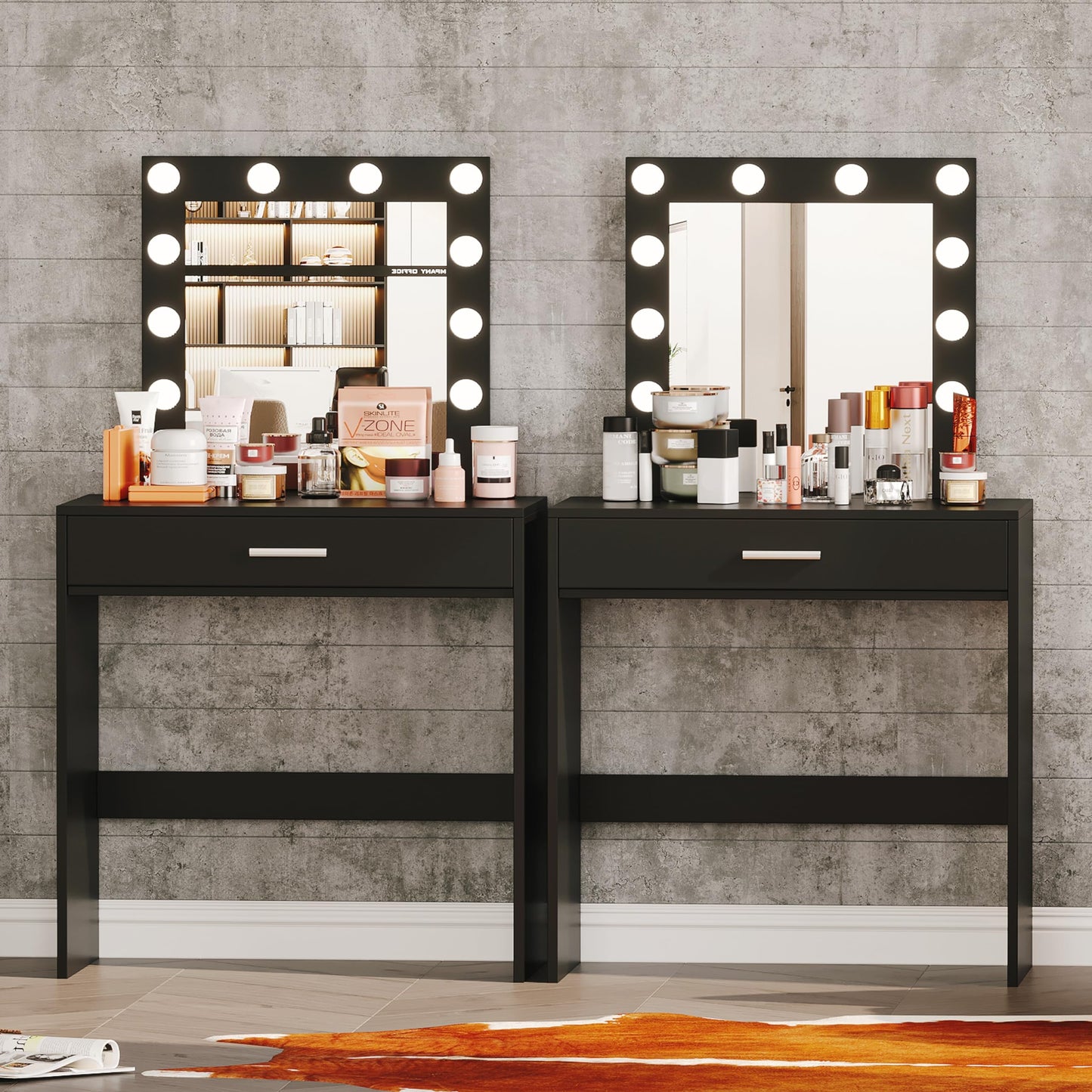 Reettic Makeup Vanity Table with Lighted Mirror, Vanity Desk with Drawers, Bedroom Dressing Table, 10 LED Blubs & Adjustable Brightness, for Women, Mother, Girls, Black RSZT102B - WoodArtSupply