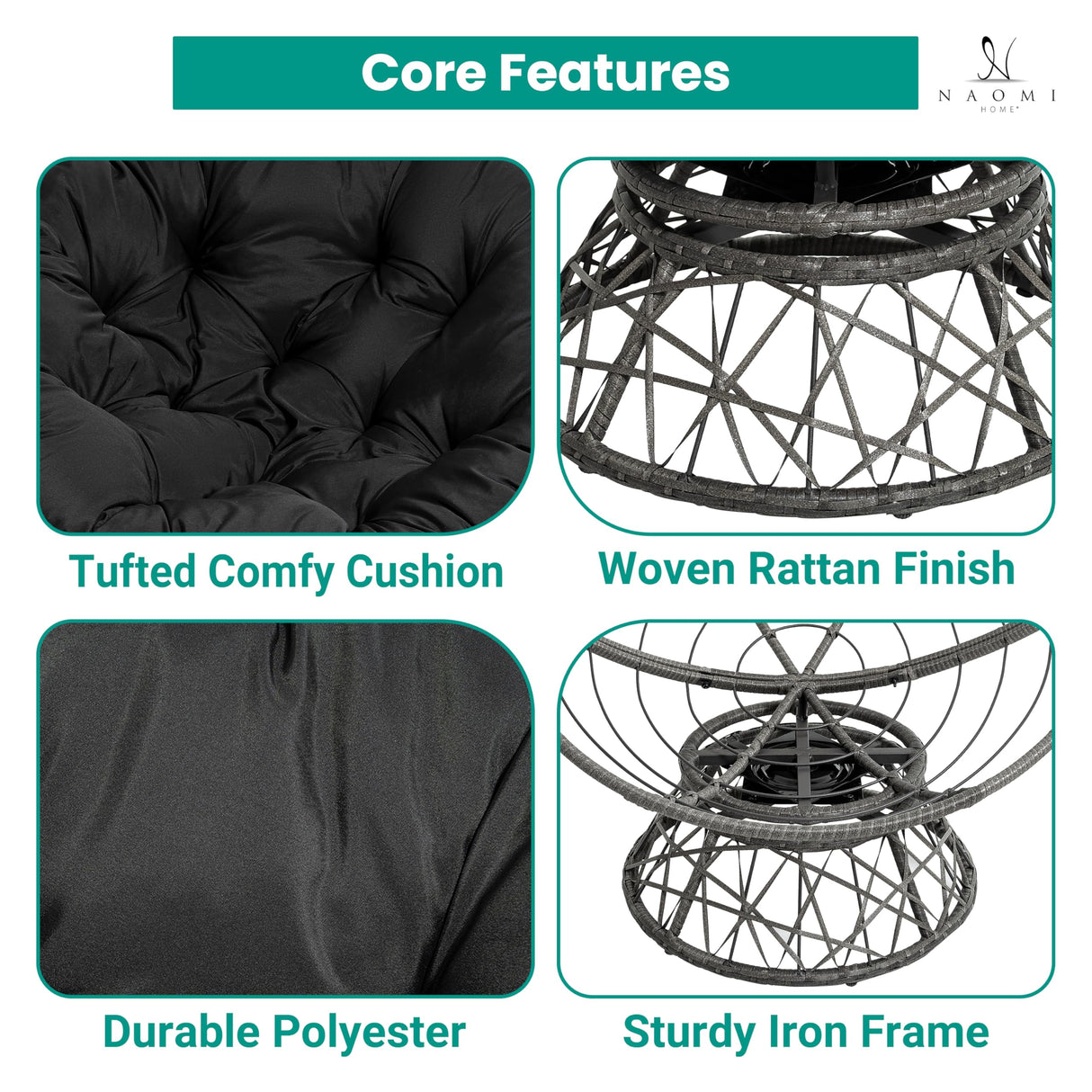 Naomi Home Barcelona Oversized Papasan Chair with Cushion and Frame – Round Wicker Indoor Egg Chair, 360° Swivel Circle Nest Lounge – Bedroom Corner Chair for Adults - Black/Dark Gray Naomi Home