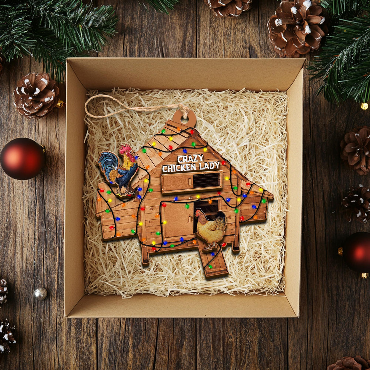 ROLOL Chicken Coop Ornaments, Funny Christmas Ornament Farmhouse Countrycore Seasonal Decor, Gift for Farmer, 2-Layer Wooden Ornaments 3.5 Inches ROLOL