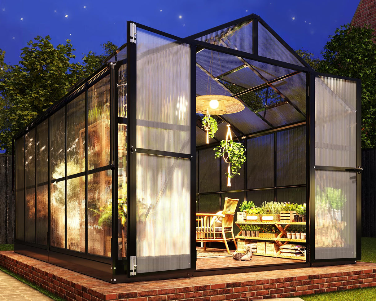 PaPaJet 8x14 FT Polycarbonate Greenhouse with Quick-Connect Fittings, Walk-in Large Aluminum Greenhouse with 2 Swing Doors, Winter Greenhouse for Outdoors Black PaPaJet