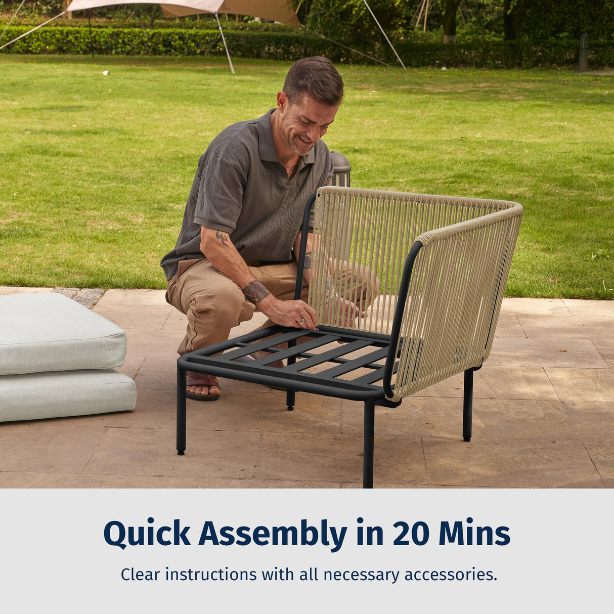 EAST OAK 5-Piece Modular Patio Furniture Set, Outdoor Corner Sofa with Thick Cushion and Glass Coffee Table, Modern Patio Conversation Set for Garden, Backyard and Porch, Creamy Apricot & Griege EAST OAK