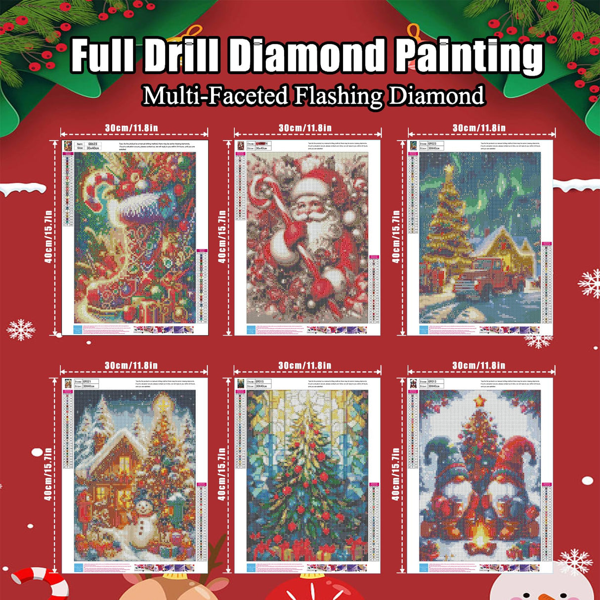 6 Pack Christmas Diamond Painting Kits for Adults- Christmas Diamond Art Kits for Adults, Christmas Tree Snowman Boots Santa Claus Truck Gnome Diamond Painting for Home Wall Decor 12x16 Inch HITO
