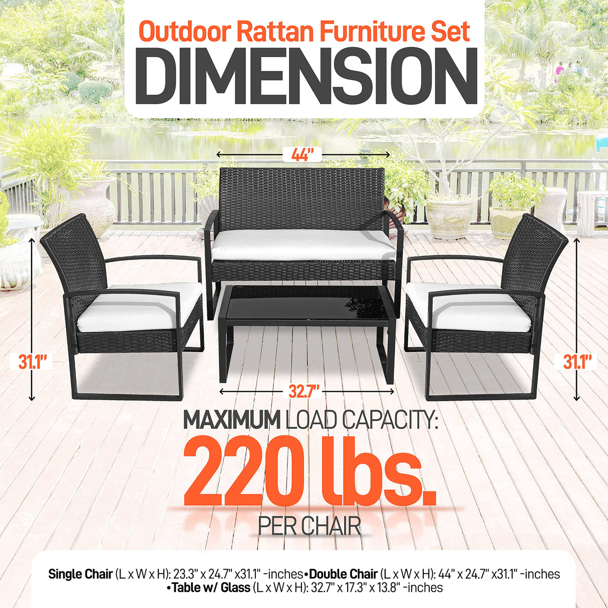 SereneLife Outdoor Living Rattan Furniture, Includes 1 Double & 2 Single Chairs with Cushion & 1 Glass-top Coffee Table 4 Piece Conversation/Chat Set, (Off Black) SereneLife