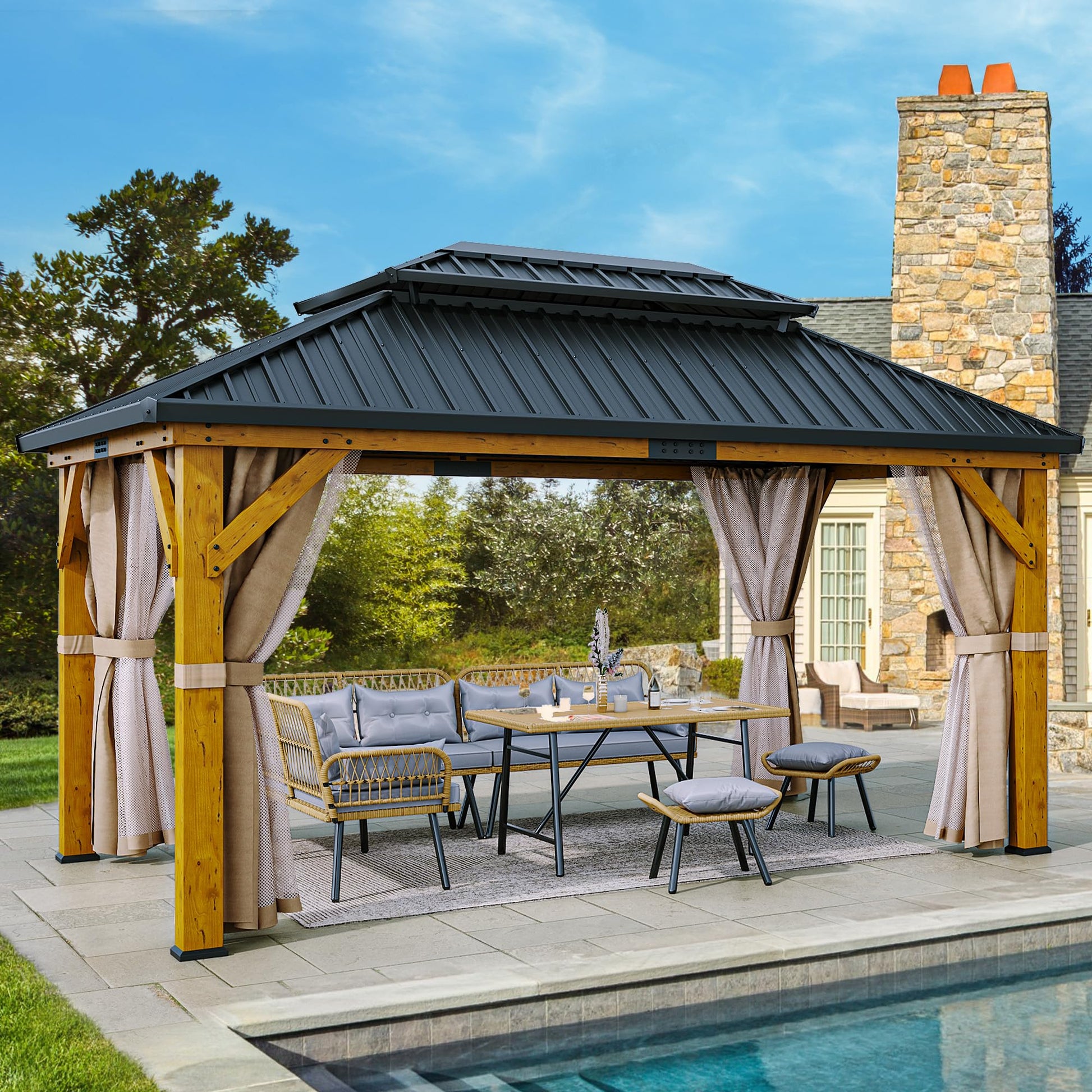 YITAHOME 11X13FT Wood Gazebo Outdoor Wooden Frame Gazebo Double Roof Hardtop Galvanized Steel Top Canopy w/Curtain and Netting, Patio Heavy Duty Gazebo for Deck, Backyard, Beige Yellow - WoodArtSupply