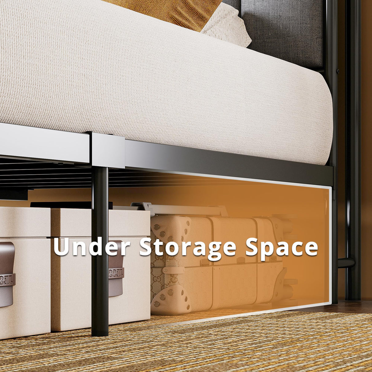 Queen Canopy Bed Frame with Storage Headboard and Charging Station in Vintage Brown LIKIMIO