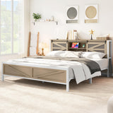 YITAHOME Farmhouse King Size Bed Frame with Headboard, Bookcase Storage Shelves, Sliding Grid Barn Door, Charging Station, Rustic Wood Platform Bed, No Box Spring Needed, Oak YITAHOME