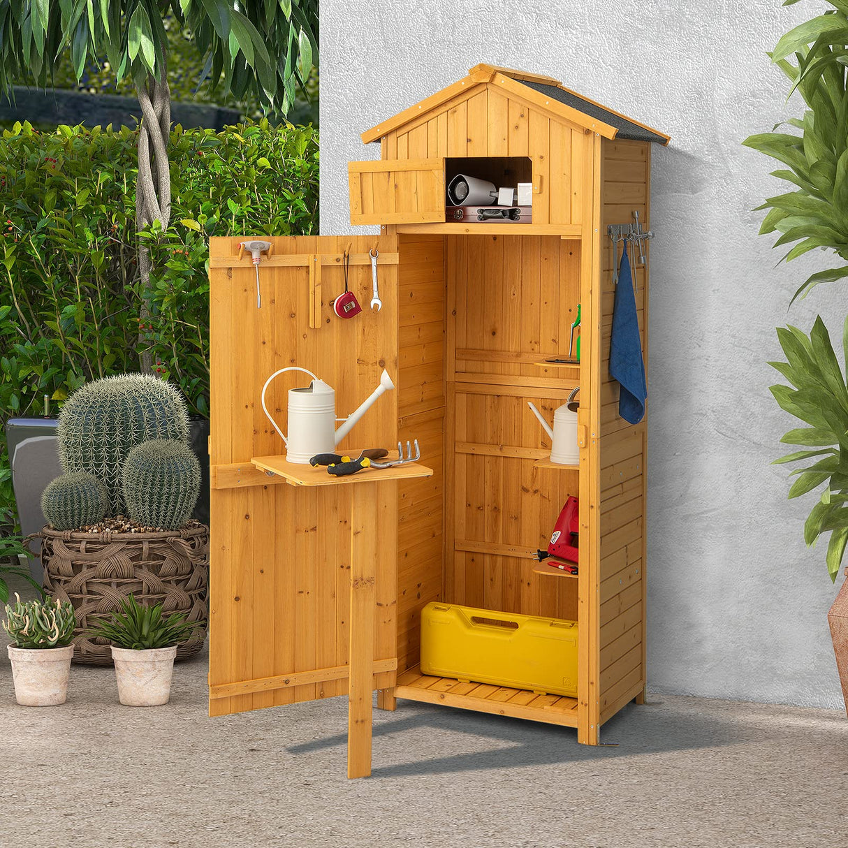 Goplus Outdoor Storage Shed, Wooden Garden Storage Cabinet with Lockable Doors, Foldable Table, Hooks, Utility Tool Organizer with Shelves, Waterproof Outside Tool Shed for Patio Backyard Lawn Goplus