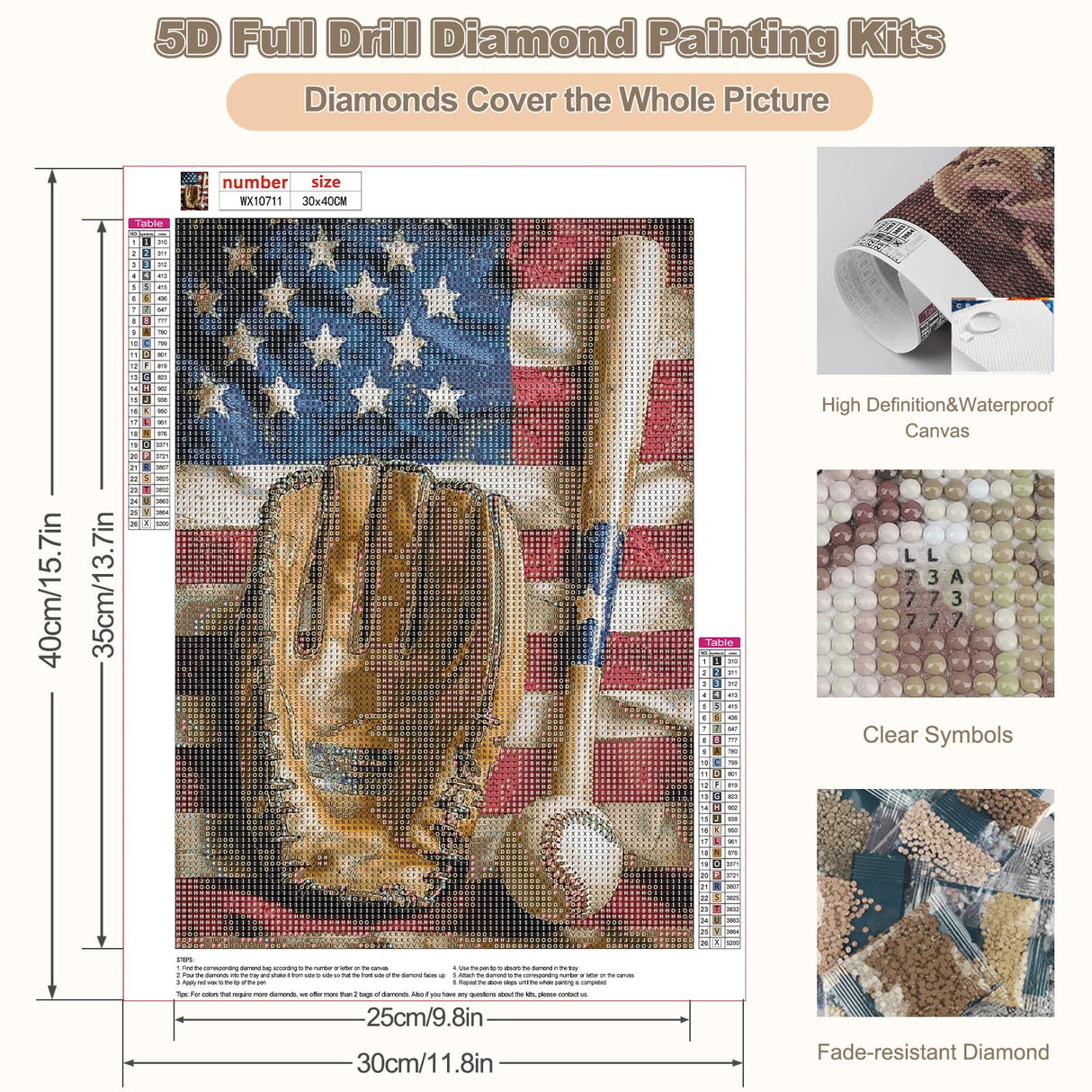 CEOVR Baseball Diamond Painting Kits for Adults, American Flag Diamond Art Dots 5D Full Drill DIY Gem Art for Beginner, Adult Crafts Kits Arts and Crafts, Wall Decor for Home Office 12x16in CEOVR
