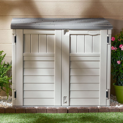 Suncast 34 Cu Ft Capacity Horizontal Outdoor Storage Shed for Garbage Cans, Garden Accessories, Backyard, and Patio Use, Vanilla - WoodArtSupply