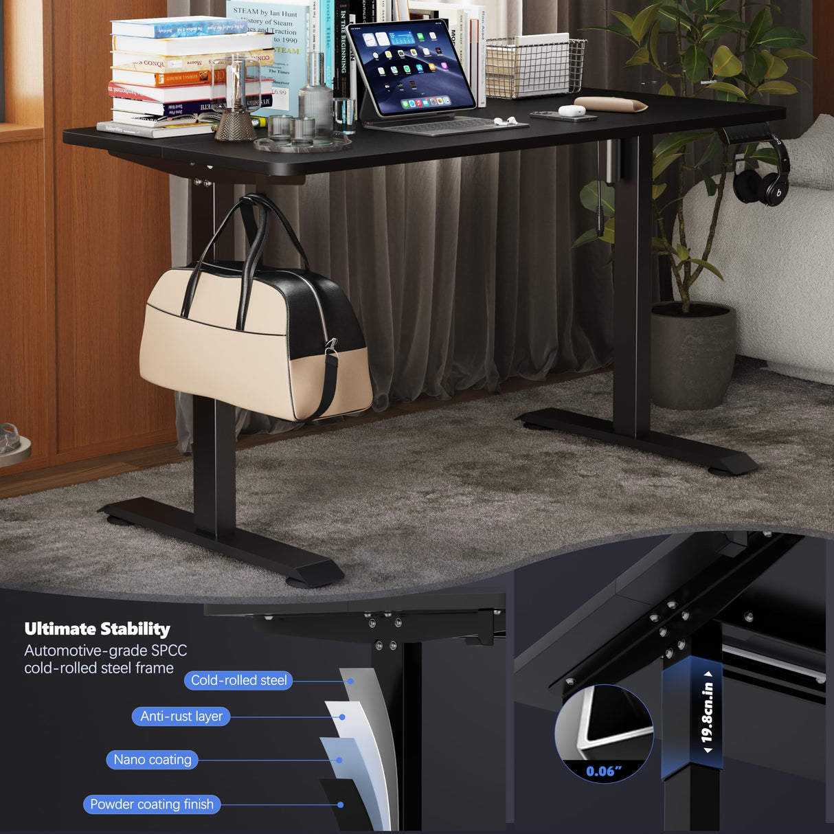 Monomi Electric Height Adjustable Standing Desk, 48x24 Inches, Ergonomic Home Office Sit/Stand Up Desk (Black Steel Frame/Black Top) Monomi
