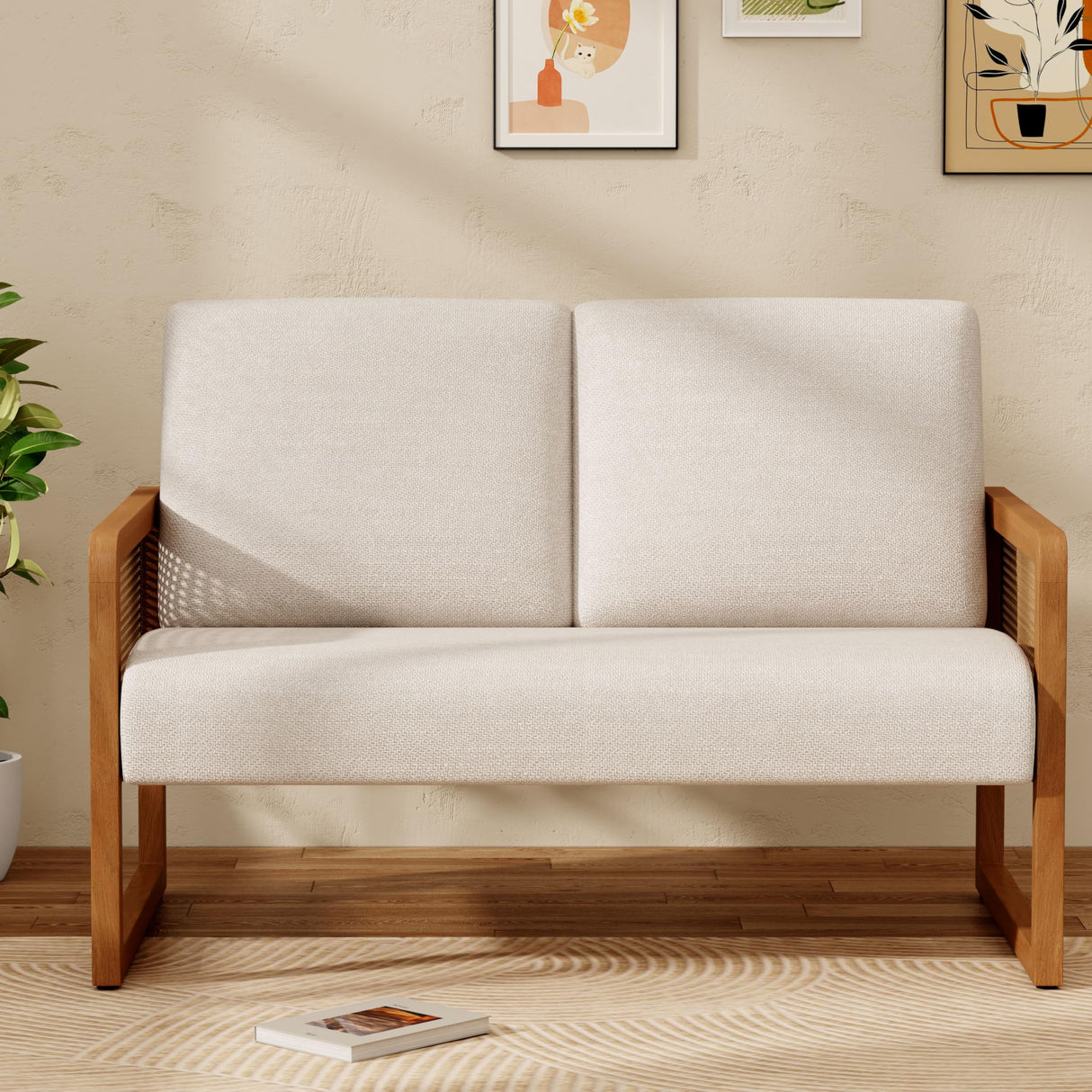 Alunaune Modern Loveseat Bench Couch with Natural Rattan Arm, Upholstered Linen Small Love Seat Sofa 2-Seats Living Room Couch Settee, Comfy Lounge Recliner Chair-Ivory Alunaune