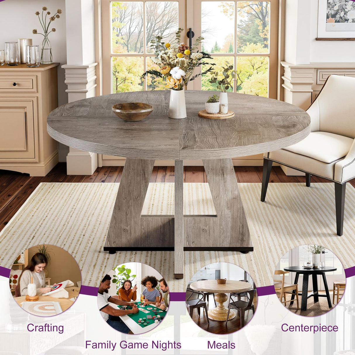 HIGREENA Round Dining Table for 4, 47" Wooden Kitchen Dinner Table Rustic, Farmhouse Table for Dining Room, Living Room, Gery HIGREENA