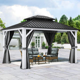 YITAHOME White Gazebo 10x12ft Hardtop Double Roof Canopy Galvanized Iron Aluminum Frame Outdoor Gazebo with Netting and Shaded Curtains Garden Tent for Patio, Backyard, Deck and Lawns, Grey Curtain YITAHOME