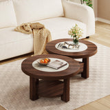 LITTLE TREE Modern Round Coffee Table, 2-Tier Wood Coffee Table with Storage, Marble-Like Tabletop for Living Room, Simple & Modern Center Table for Small Space, Brown LITTLE TREE