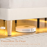 VECELO Full Size Bed Frame with LED Lights, Upholstered Velvet Headboard with Charging Station, Metal and Wood Slats, No Box Spring Needed, Noise Free, Beige VECELO